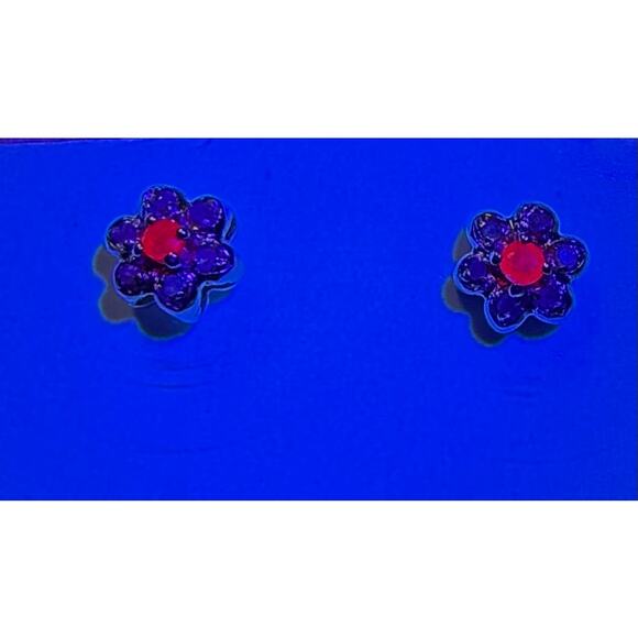 Ruby & Diamond Flower Stud Earrings – 18K Gold Plated - Picture 3 of 4